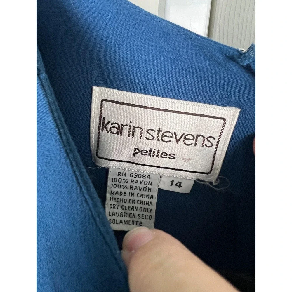 Karin Stevens Petites Vintage Midi Dress 80s 40s Retro Blue Rayon 8/10 M‎